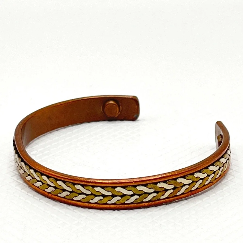 Vintage Copper Tri-Tone Braided Rope Cuff Bracelet w/ Gold and Silver Tone